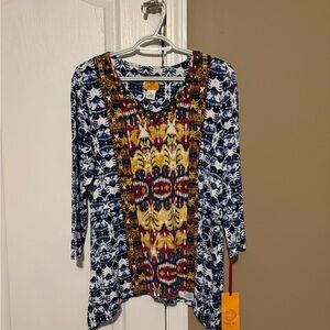 Ruby Rd. Navy, Yellow & Burgundy Patterned V-Neck Tunic Size Medium